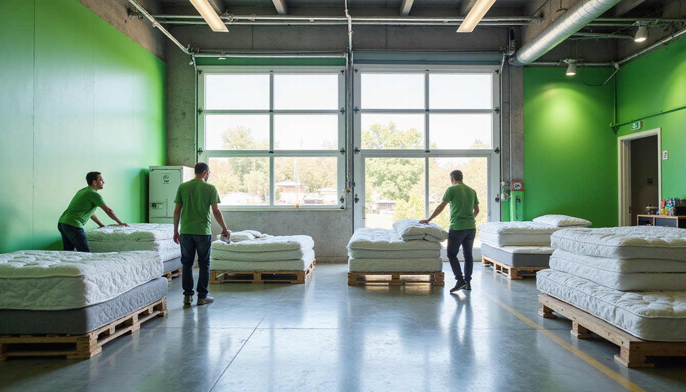 Eco-friendly mattress recycling facility with workers handling mattresses, green banners and sunlight filtering through windows