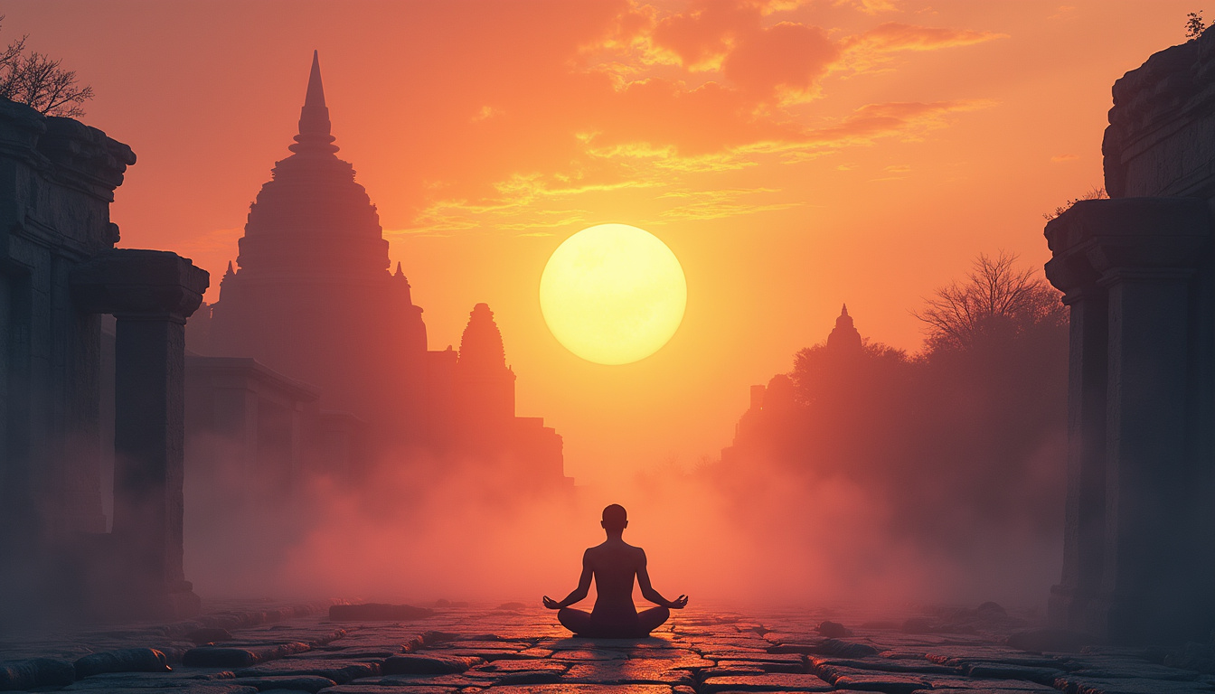  Ancient temple ruins at dawn, a figure practicing yoga amidst mist and floating light orbs