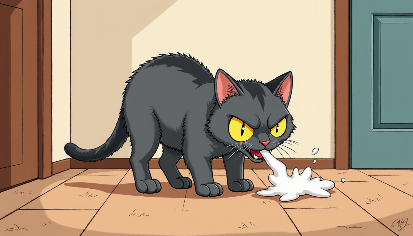 Angry cat spraying indoors, hormonal behavior, intense yellow eyes, detailed fur