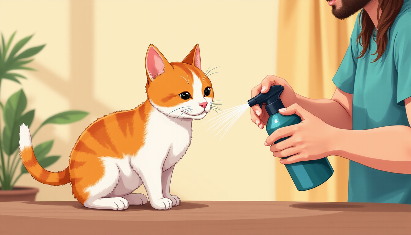 Calm cat owner gently managing spraying behavior, cozy home background, soft lighting