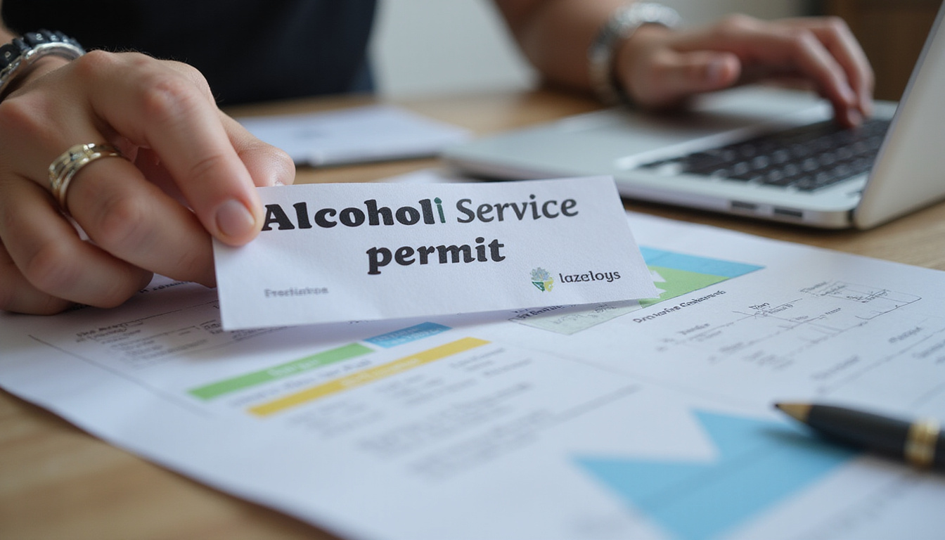 close-up of hands holding alcohol service permit, laptop and checklist on table, bright lighting