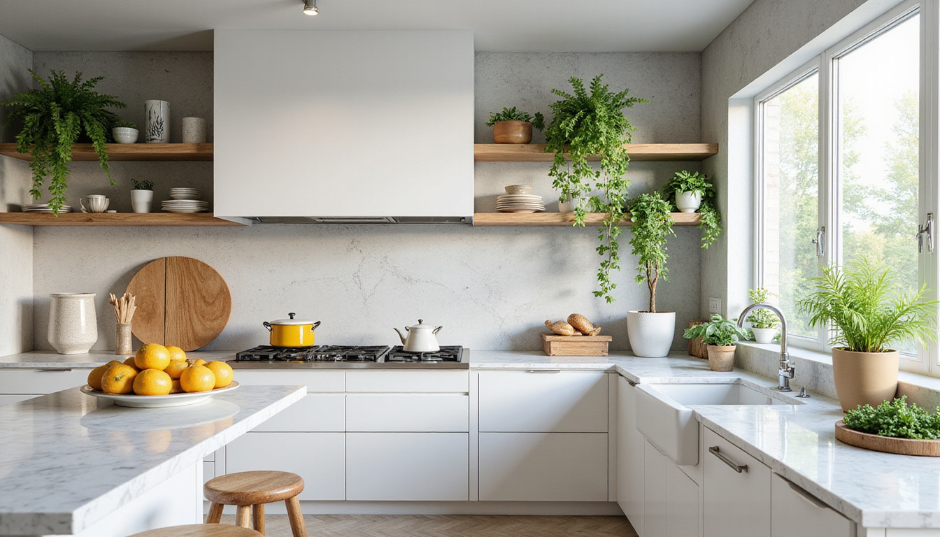  Kitchen makeover with open shelves, marble countertops, vibrant fresh plants, natural sunlight