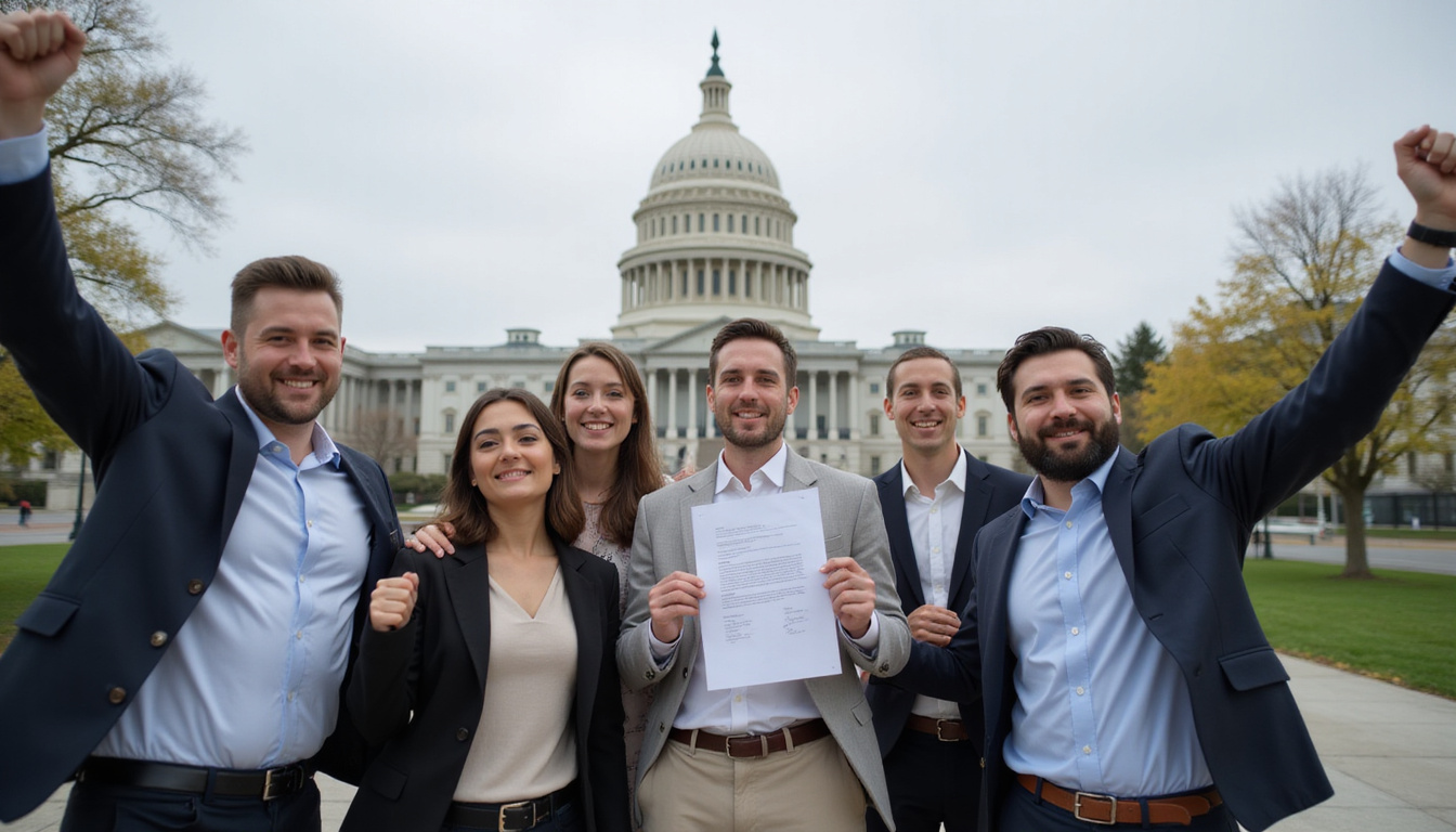  Diverse small business team celebrating contract victory with government building in background