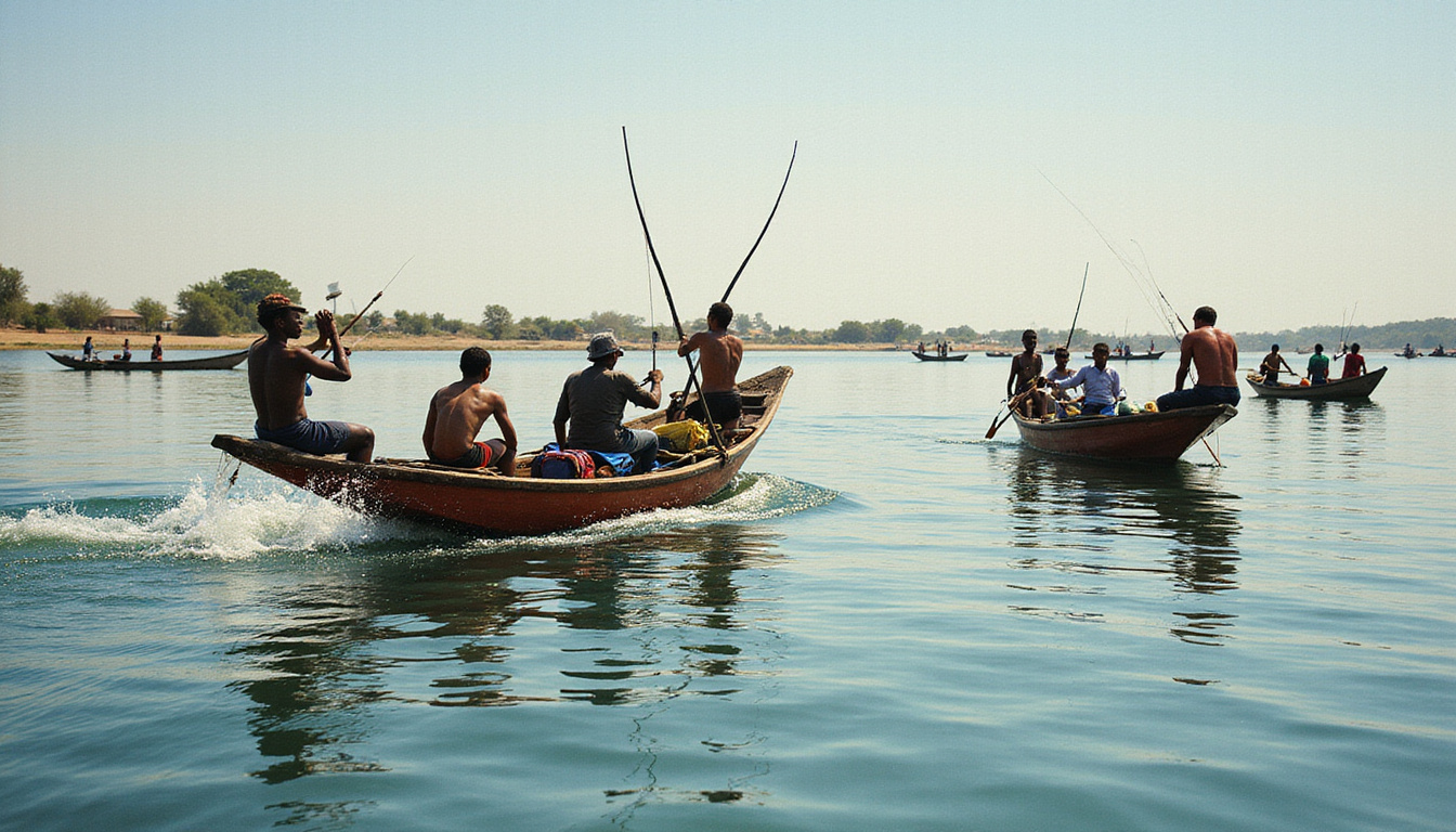  Traditional fishing boats racing on the Nile River, vibrant atmosphere, competitive anglers, scenic background