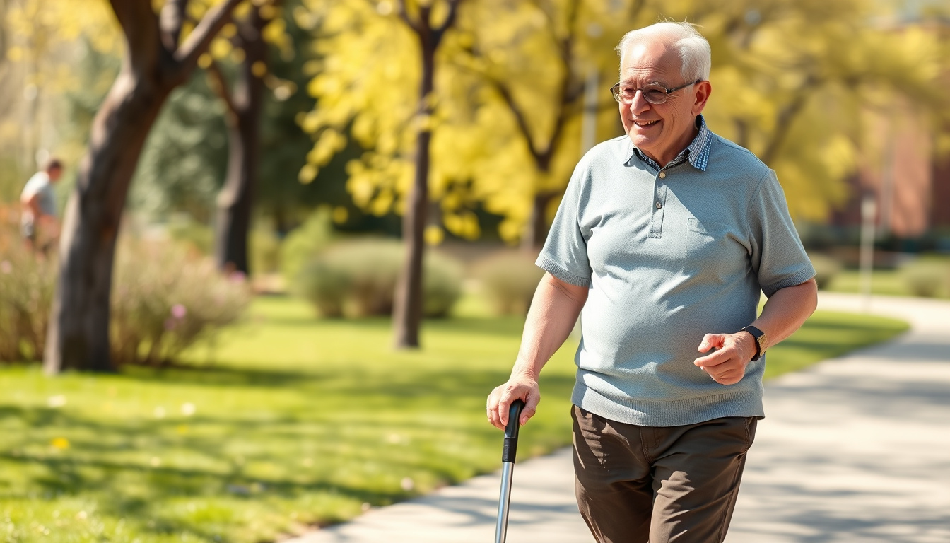happy elderly patient walking outdoors pain-free, improved mobility, bright sunny park background
