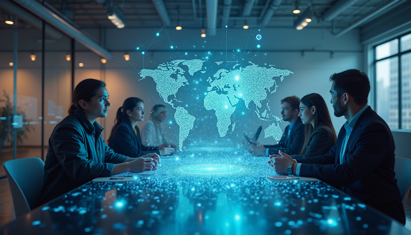  diverse group collaborating in virtual space, holographic data streams, sustainable growth concept, modern tech environment