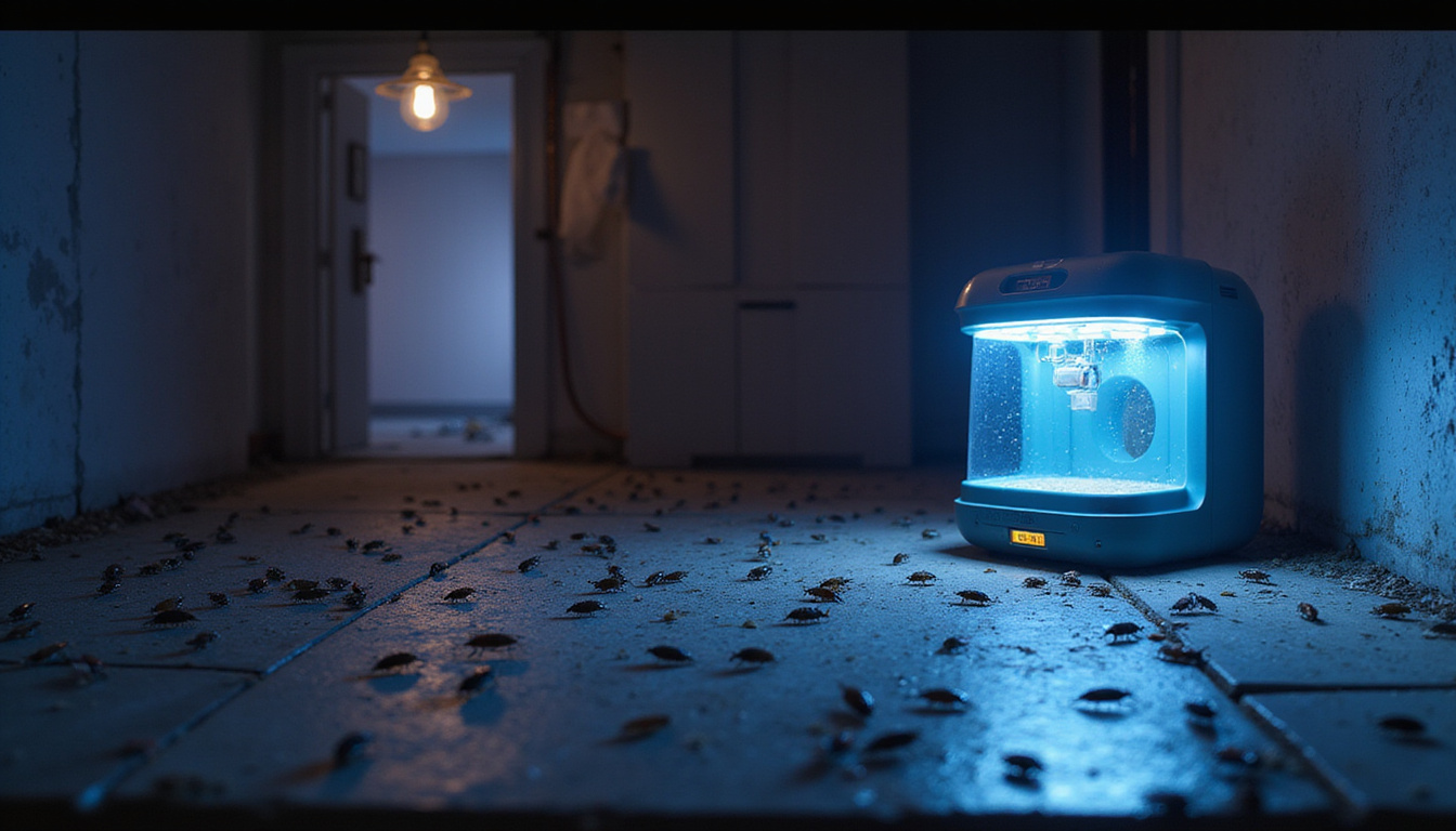  High-tech pest control gadgets with glowing lights eradicating roaches in a dark basement