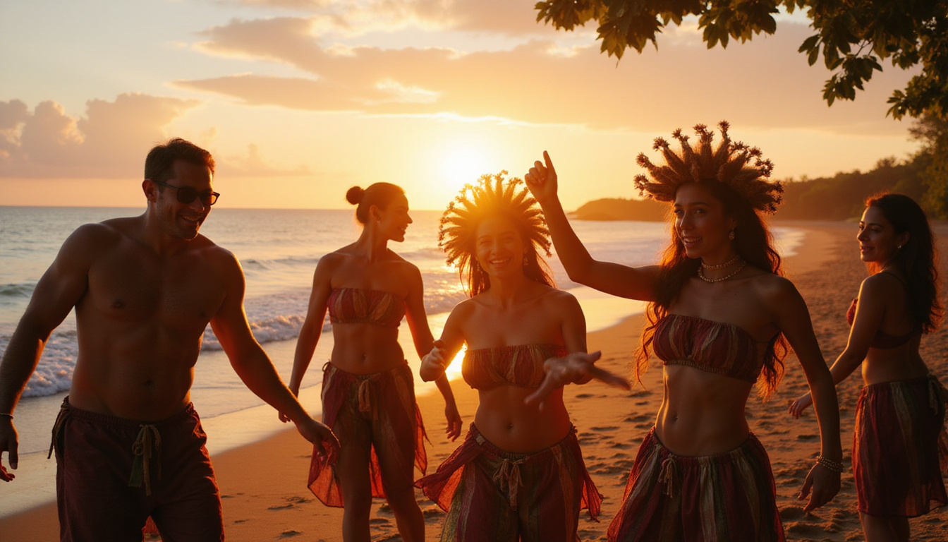  Group of happy tourists enjoying beach party and traditional dance in Bali at sunset