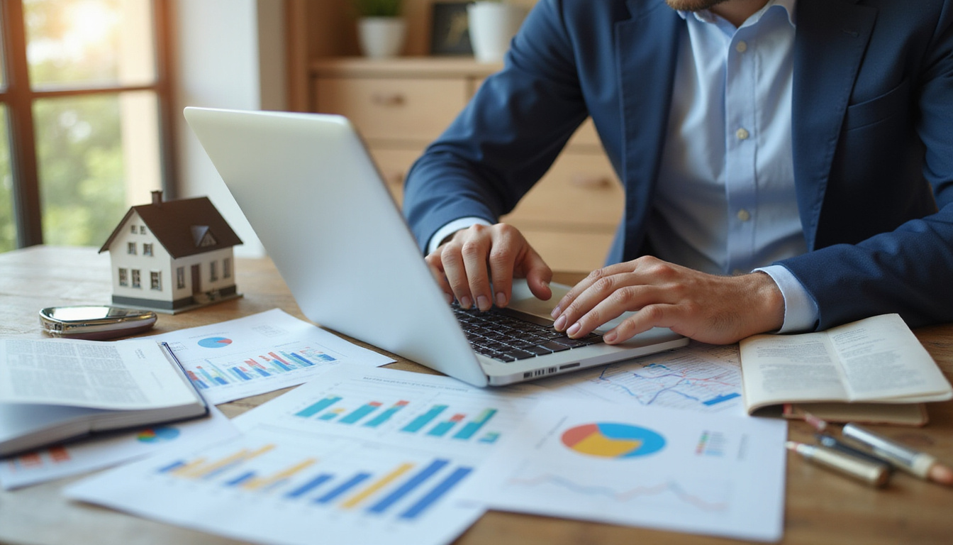 Confident investor analyzing property market data on laptop, with house models and documents around