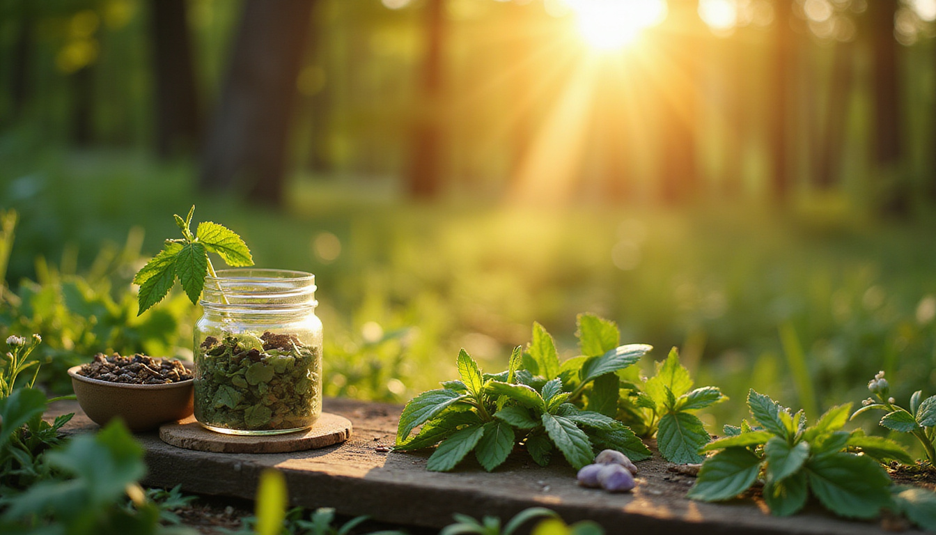 serene natural scene with healing herbs and a peaceful digestive system glow, botanical wellness concept