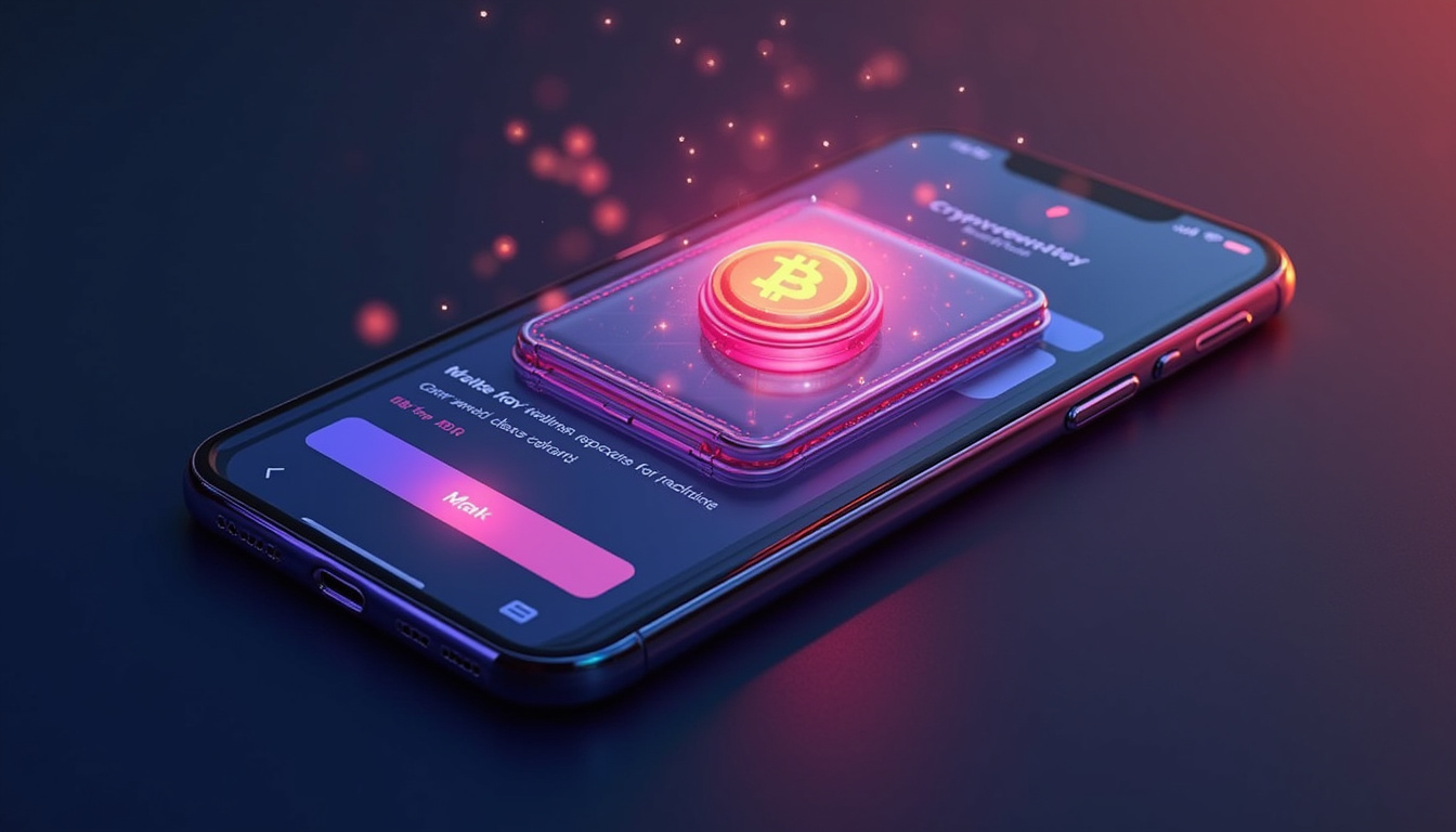  sleek mobile device displaying cryptocurrency wallet app, blockchain graphics illuminated