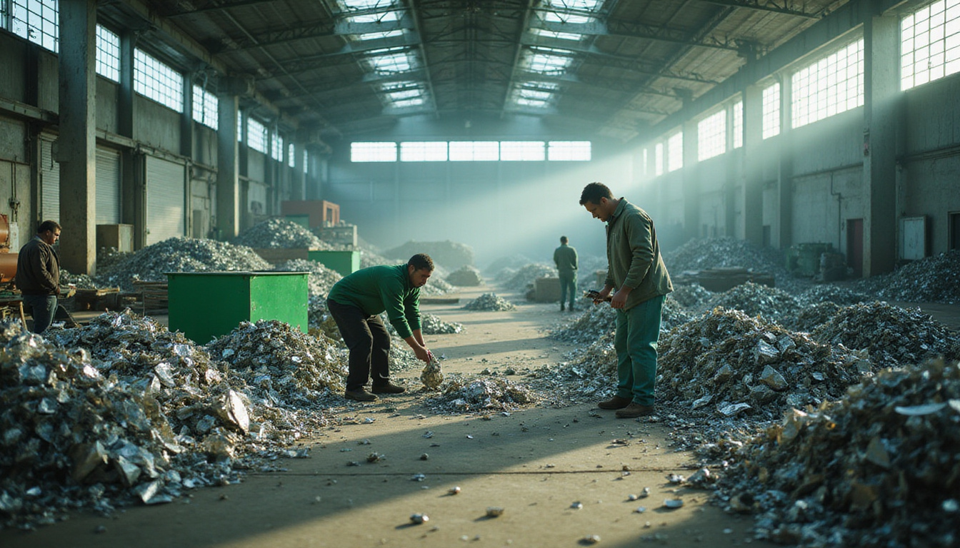 eco-friendly recycling factory, workers sorting metallic scrap, green technology, clean environment