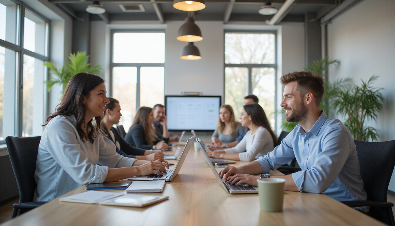  Efficient business workflow with seamless communication and happy clients in bright office