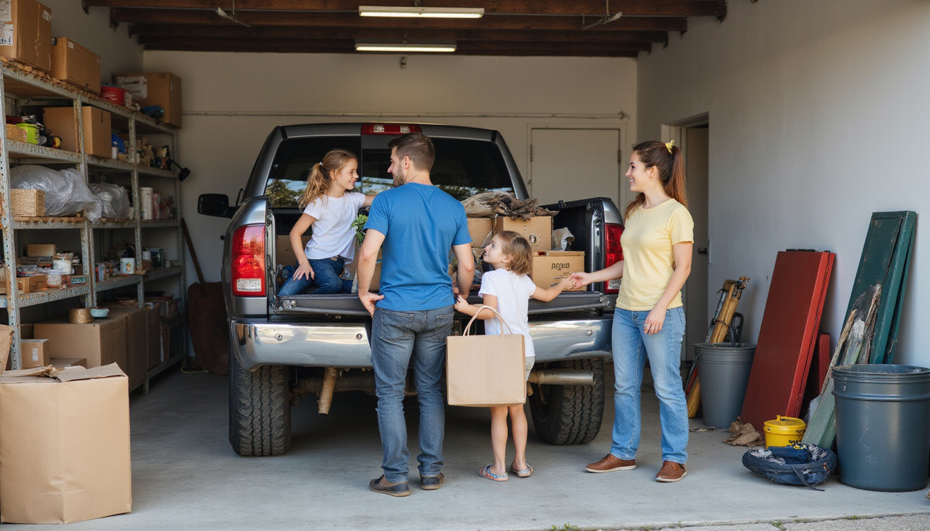 happy family decluttering garage with junk pickup truck in background