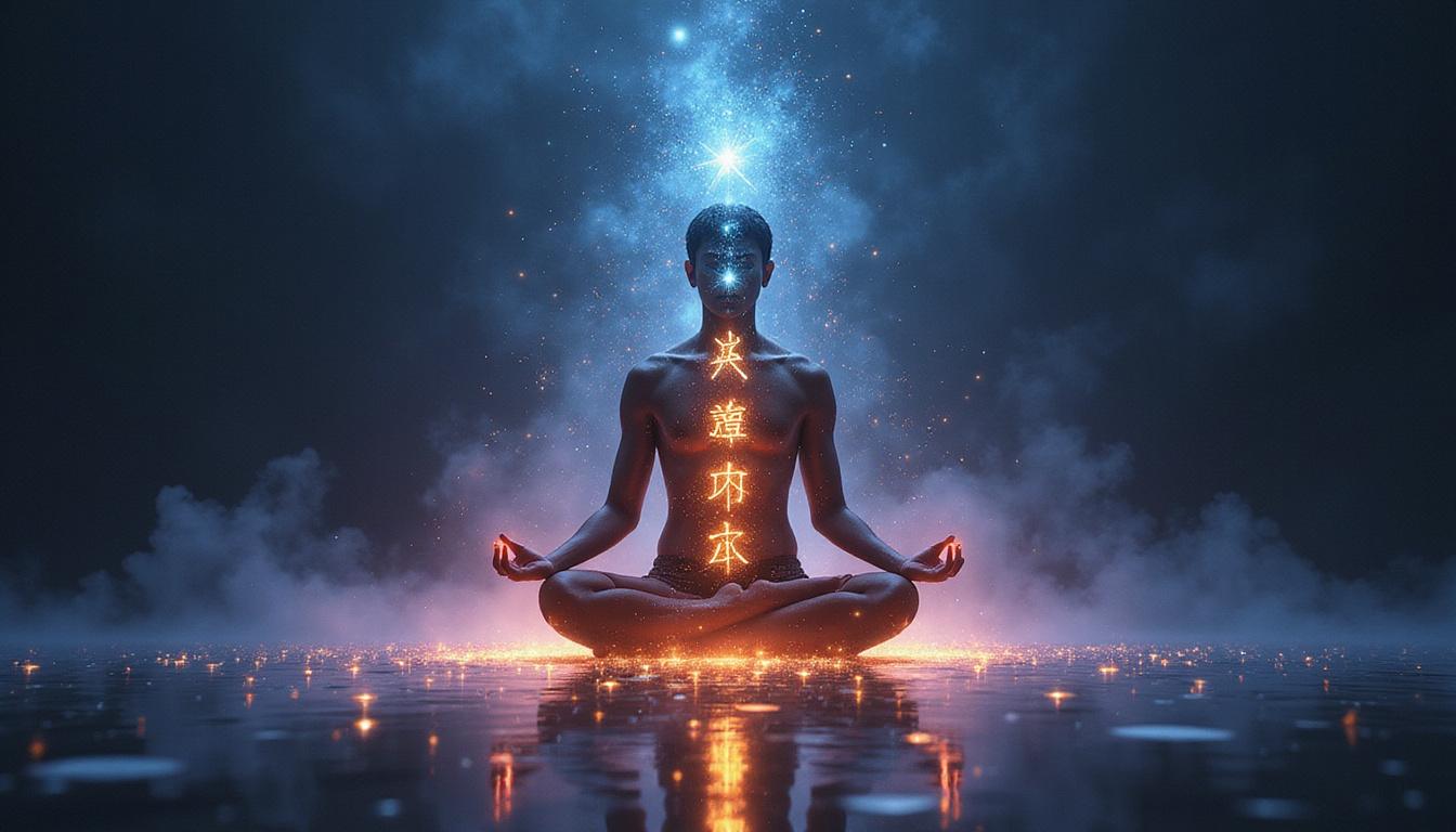  Ancient symbols and glowing chakras floating around a peaceful yogi in lotus pose