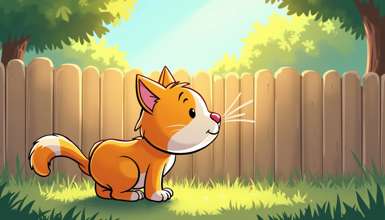 Curious cat spraying scent on fence in sunlit garden