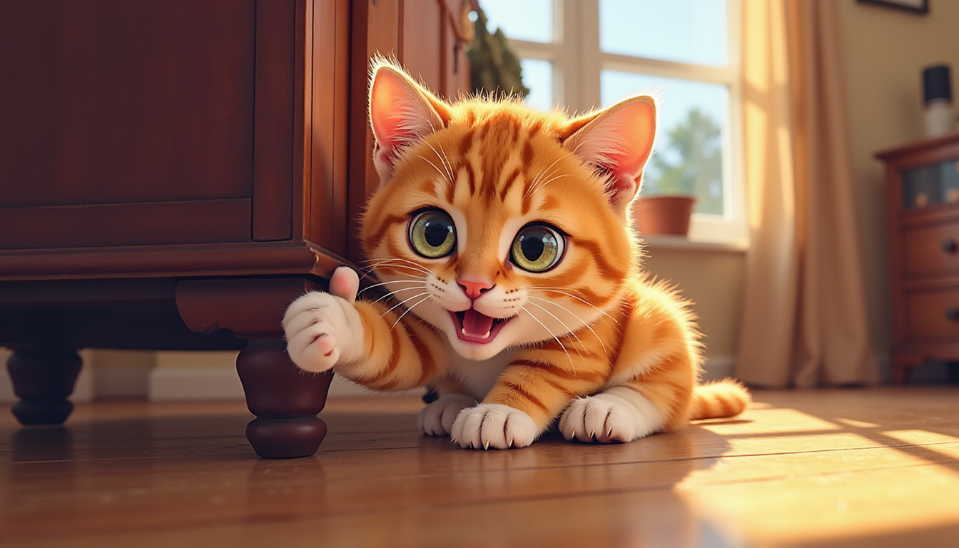Close-up of a cat clawing furniture indoors, intense eyes glowing