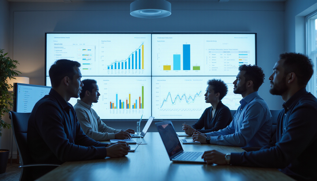diverse marketing team collaborating around large digital screens displaying real-time analytics charts