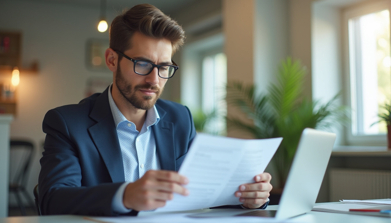  confident entrepreneur reviewing contract compliance checklist, bright workspace, success concept