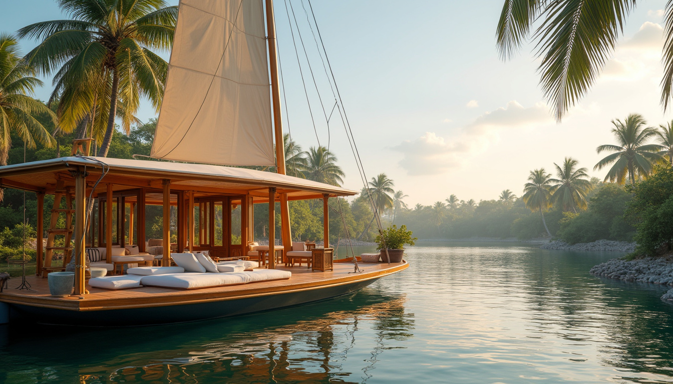  elegant spa retreat on traditional Egyptian felucca, peaceful river scenery, lush palm trees, calming atmosphere