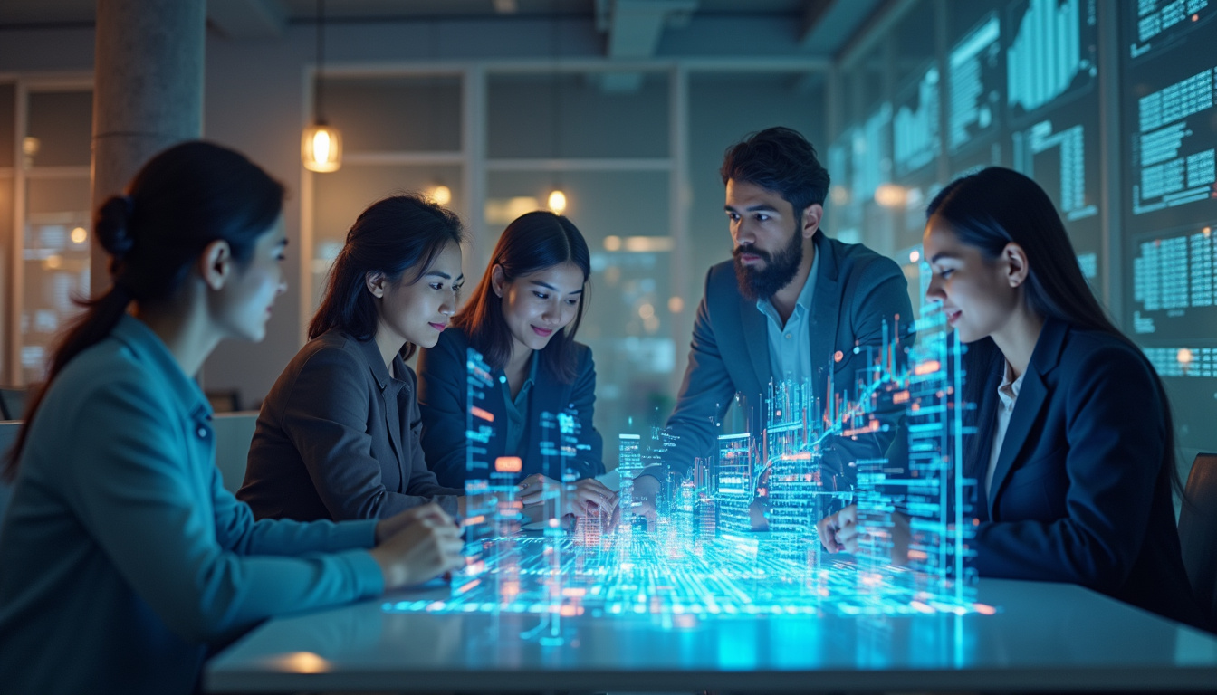 diverse tech innovators analyzing digital asset growth on holographic charts, modern workspace with virtual interfaces