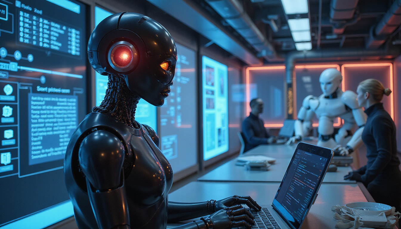  sleek robots and digital avatars managing complex automated workflows in a glowing cybernetic environment