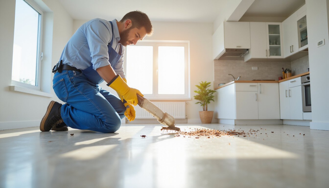  Professional pest control technician inspecting a clean, bright home for roach infestations
