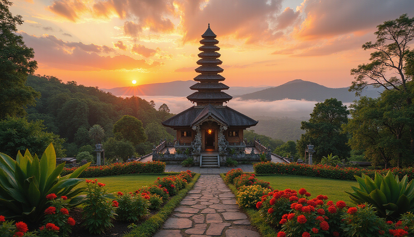  Traditional Balinese temple surrounded by dense jungle and vibrant flowers at sunrise