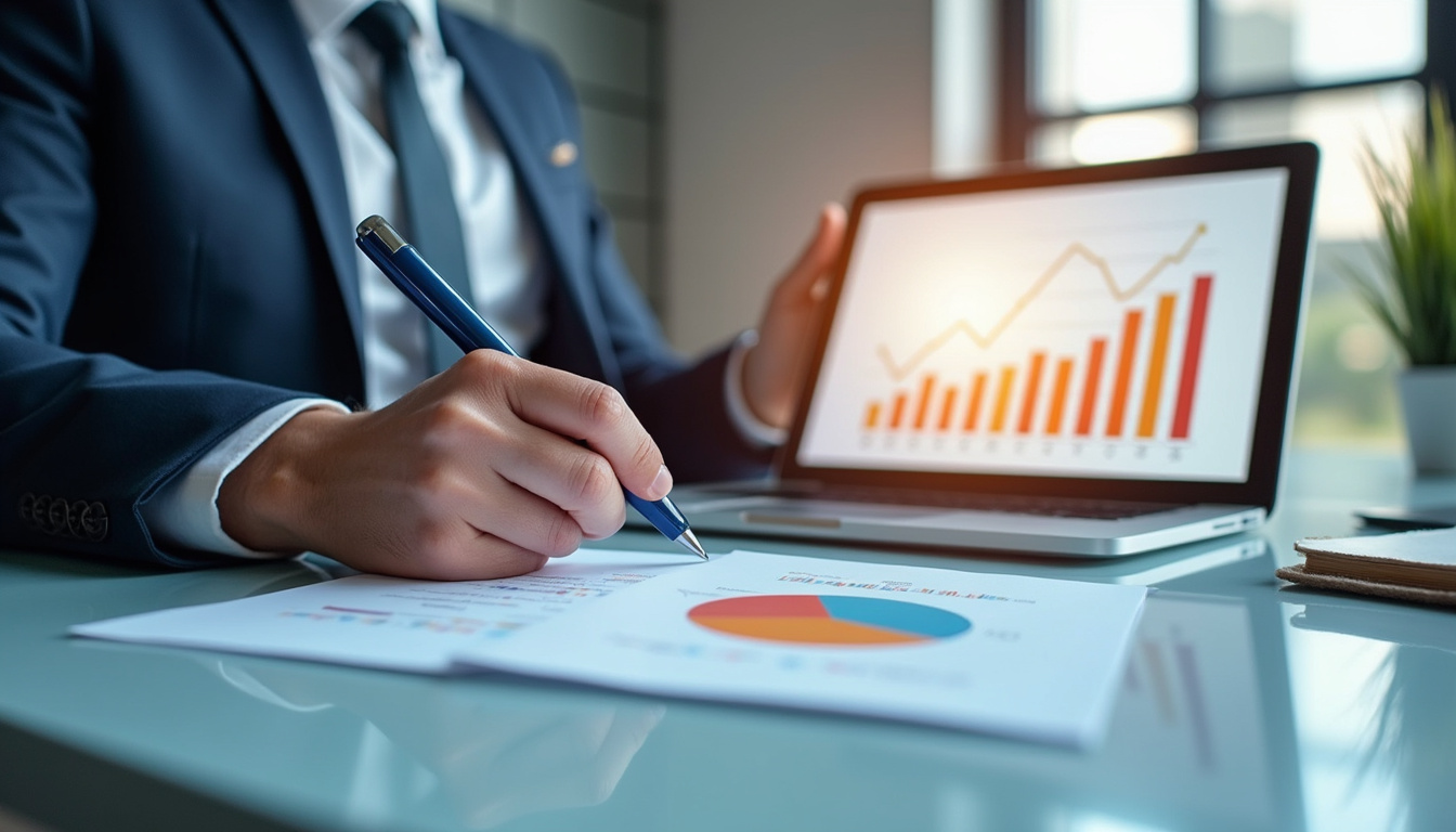 Modern office with digital marketing tools boosting real estate sales growth charts