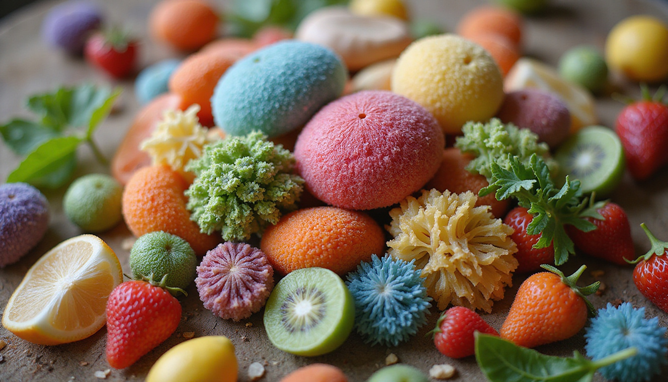 diverse microscopic gut flora thriving on fiber-rich foods, bright natural health vibe, scientific style