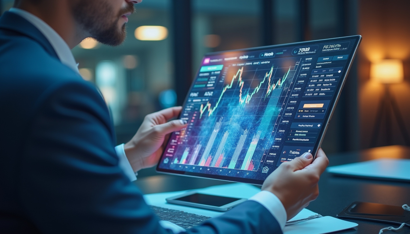  Investor analyzing a holographic crypto portfolio with strategic charts and rising profit indicators in a modern office