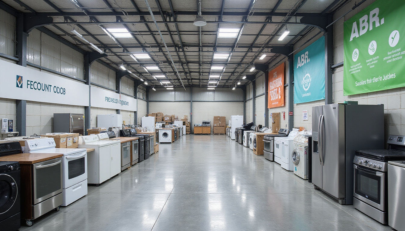 spacious warehouse with sorted recycled appliances, eco-friendly signage, organized and clean environment