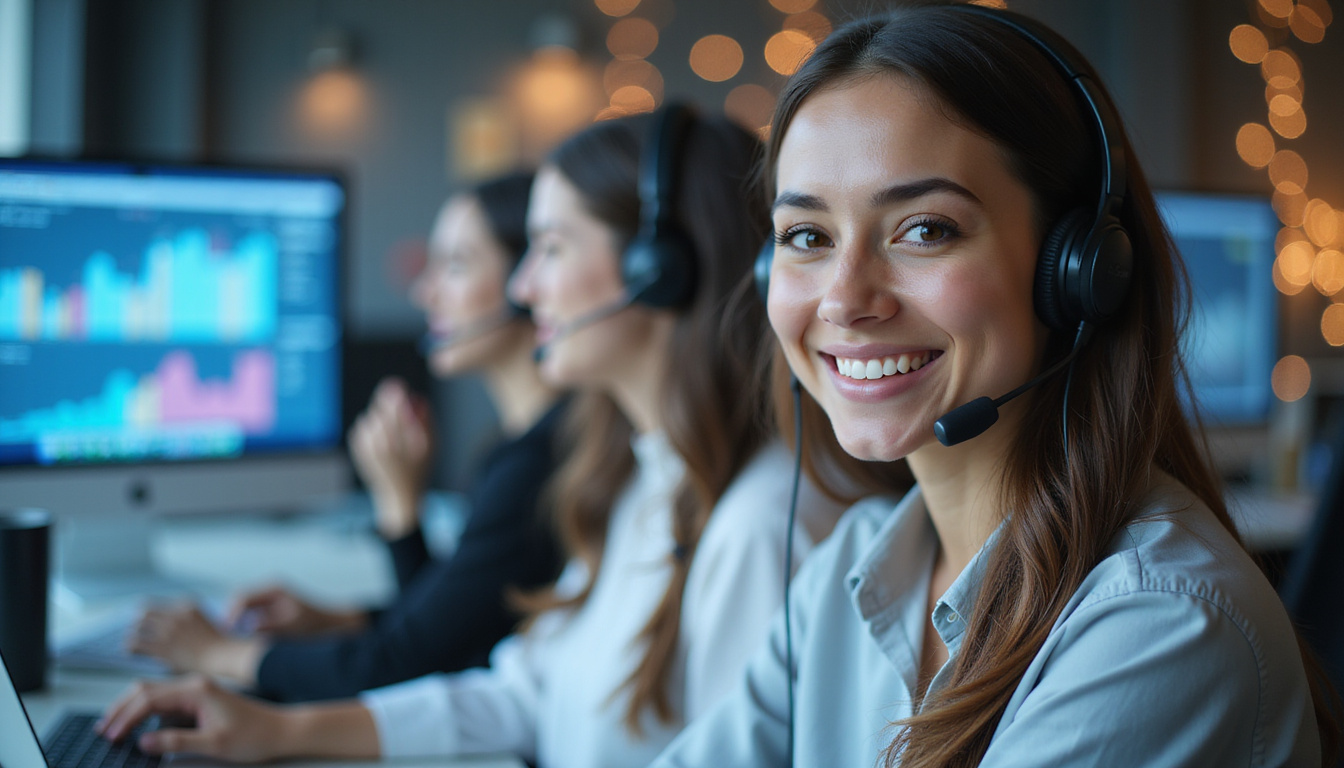  Smiling call center agents using headsets, vibrant business growth charts in background