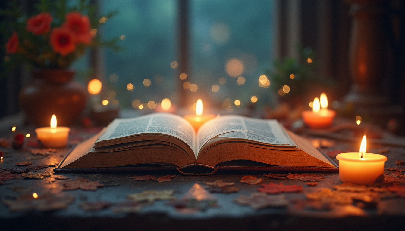  ancient sacred books and mystical symbols with soft candlelight ambiance