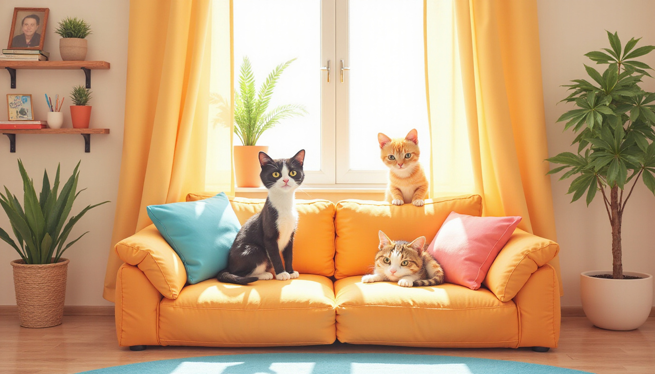 Cozy indoor cat lounge with soft cushions, climbing shelves, and warm sunlight