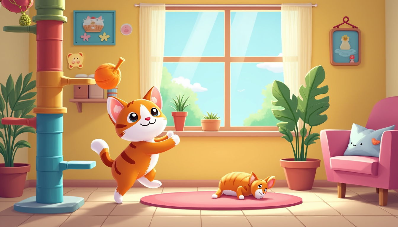 Playful cat exploring colorful indoor jungle gym with toys and cozy resting spots