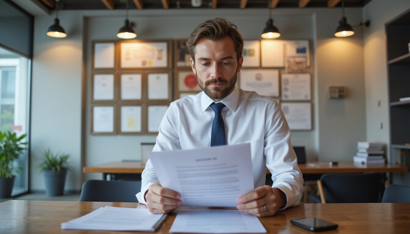  business owner reviewing alcohol license, strict regulatory documents, office setting with certificates on wall