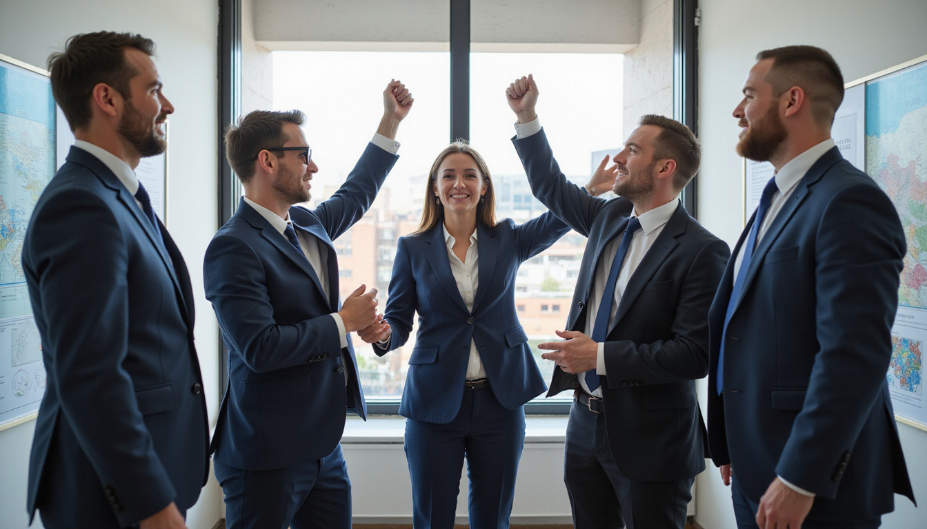business team celebrating successful government contract closeout, charts and flags in background