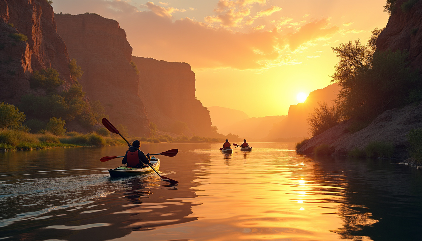  kayakers exploring the Nile, vibrant aquatic life, dramatic cliffs, golden sunset reflections