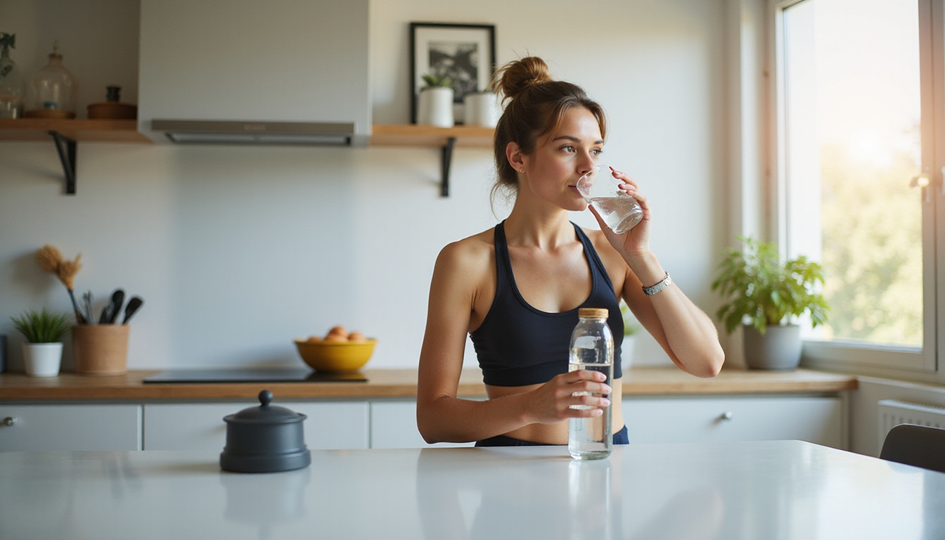 athletic person drinking water after workout in bright kitchen