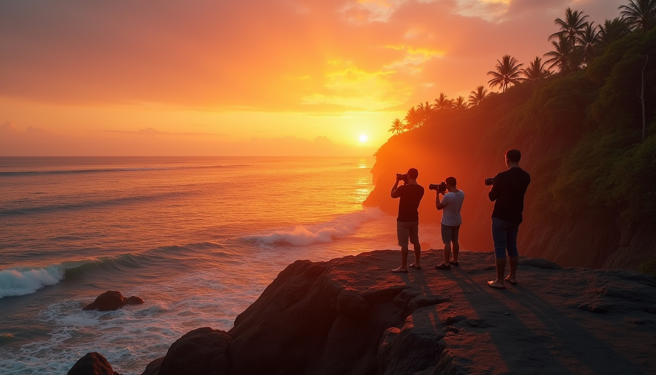  Photographers capturing golden hour at Bali cliffside, vivid sunset colors, DSLR camera, artistic composition