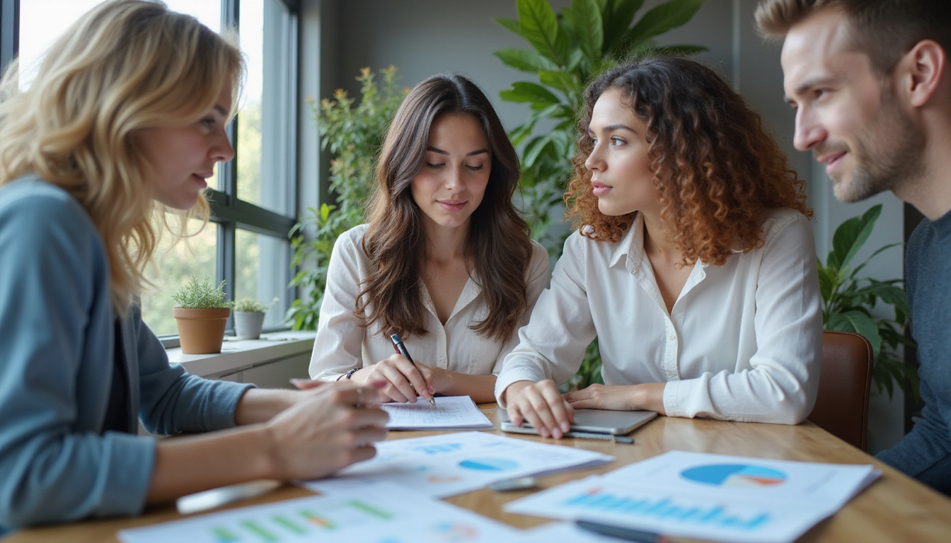  diverse group discussing real estate investment with laptop and charts in office