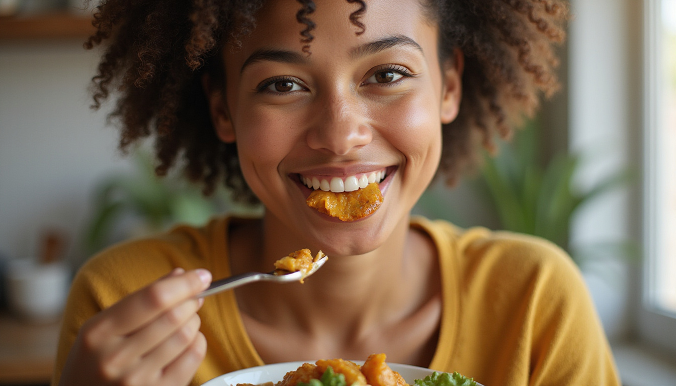 happy person enjoying a high-fiber meal, radiant glowing skin, and energized atmosphere