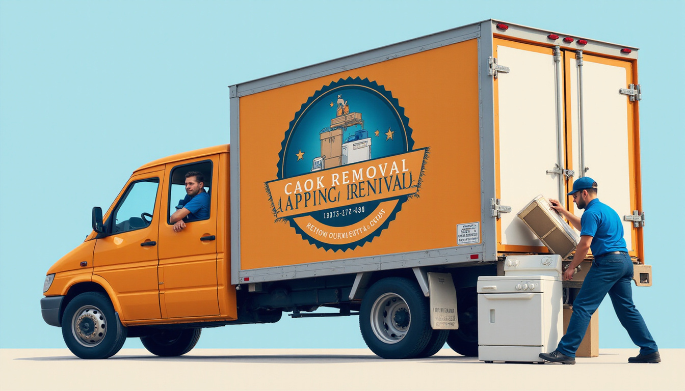 professional junk removal truck with logo, friendly uniformed workers loading old appliances into vehicle