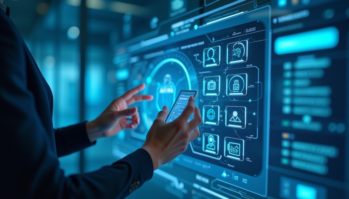  futuristic AI-powered call answering system assisting customers, sleek digital interface, glowing blue hues