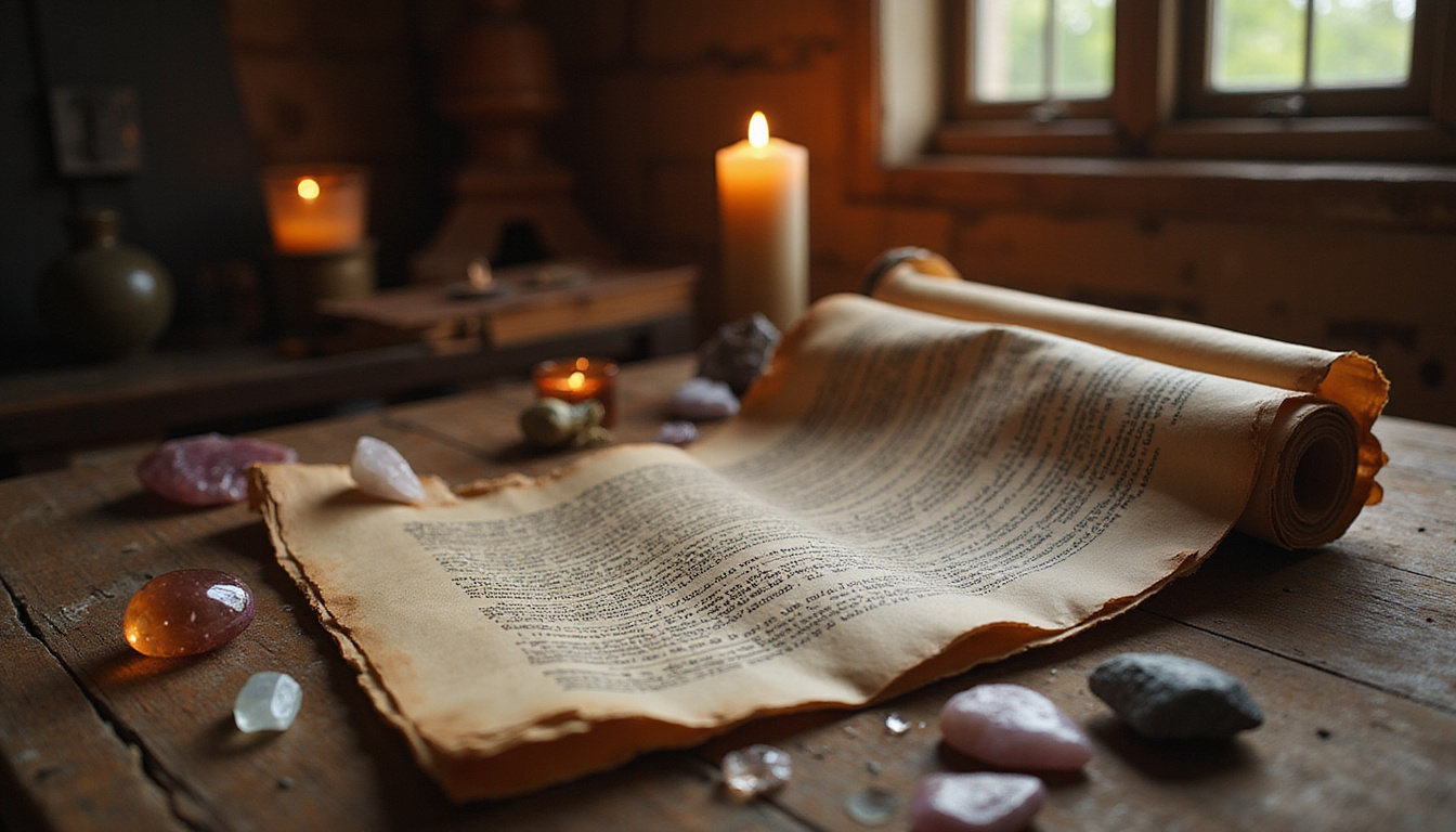  Ancient scrolls and crystals on wooden altar, soft candlelight, peaceful ambiance