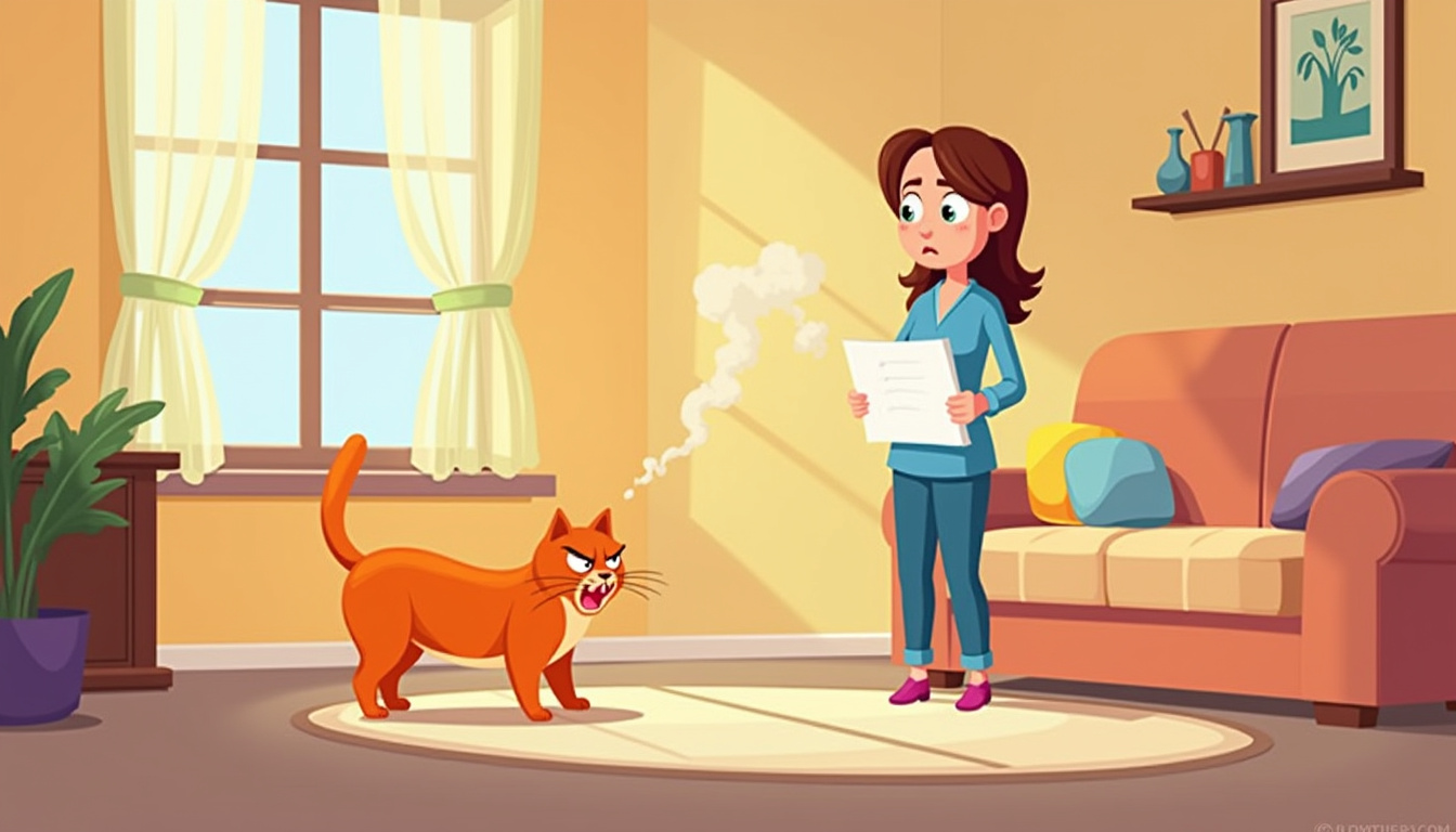 Angry cat spraying indoors, frustrated owner with diet plan, cozy home