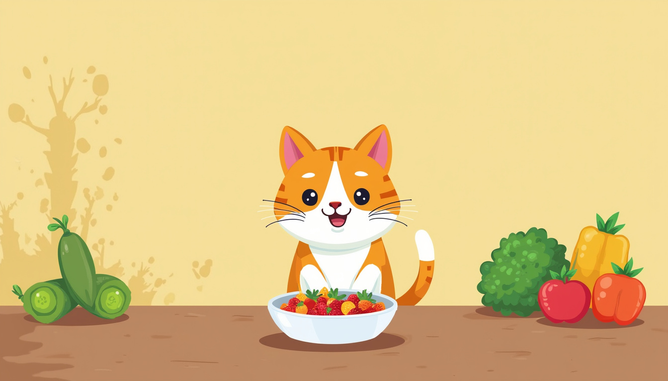 Healthy cat eating balanced food with vibrant veggies, peaceful calm atmosphere