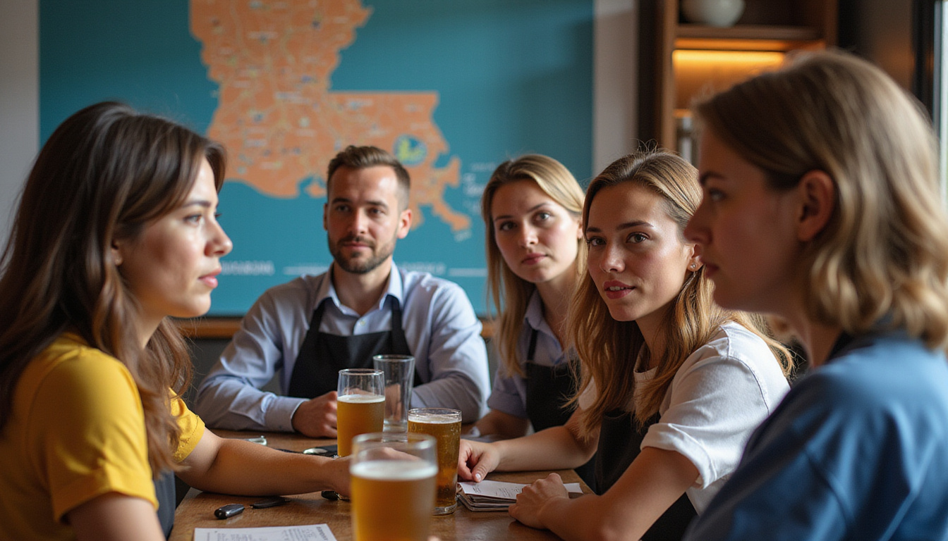 Bar and restaurant staff during alcohol compliance training, attentive, diverse group, Louisiana map background