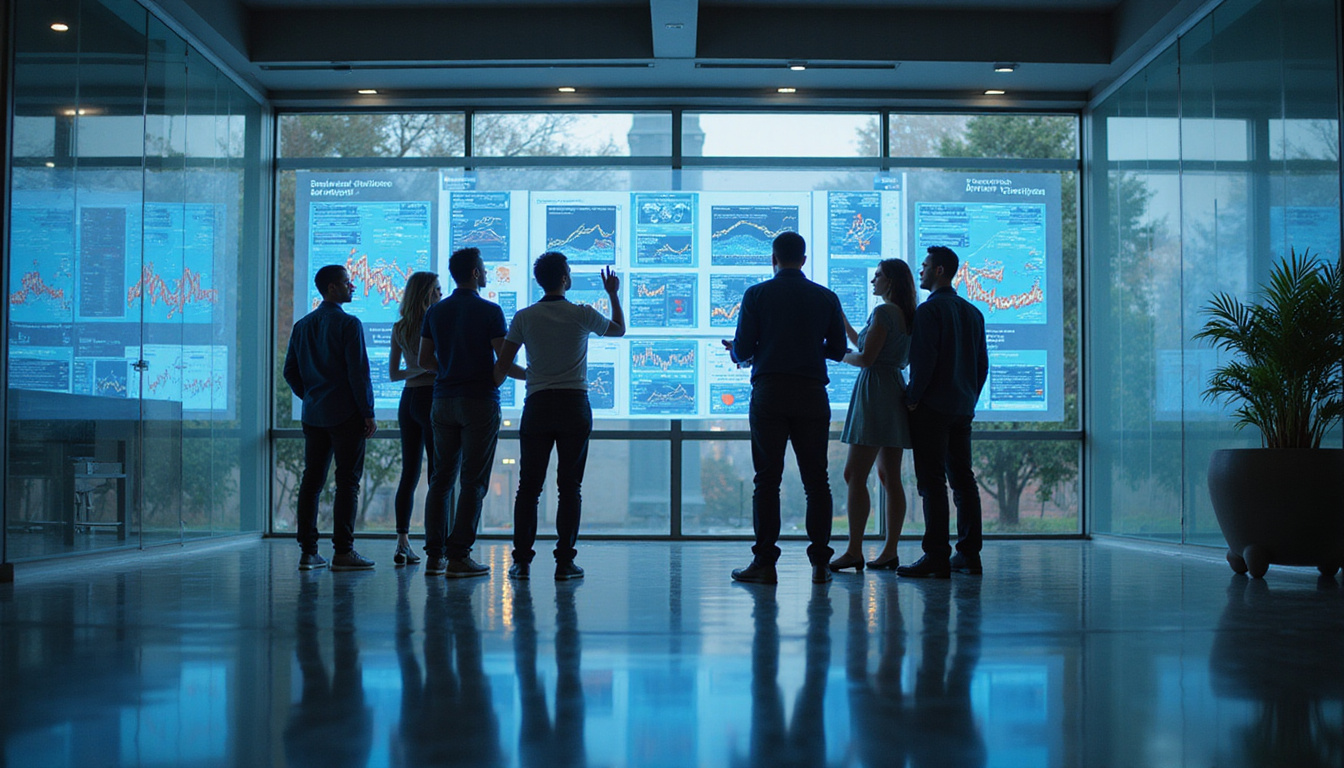 Diverse marketing team analyzing AI-driven data visualization on transparent screens in sleek modern office
